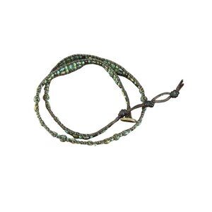 Bohemian Beaded Leather Wrap Bracelet Stones Button Clasp Rustic Earth Tones 21"